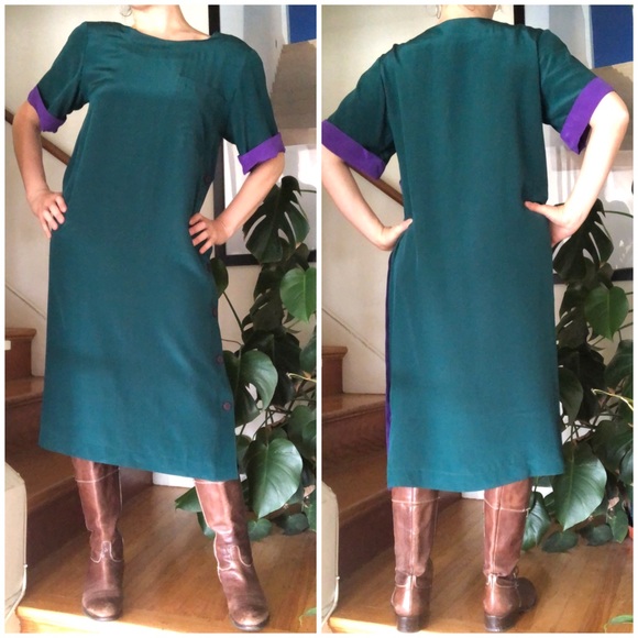 Vintage 80s Liz Claiborne 100% Silk Button Side Colorblock Shift Dress 8… - Picture 16 of 16